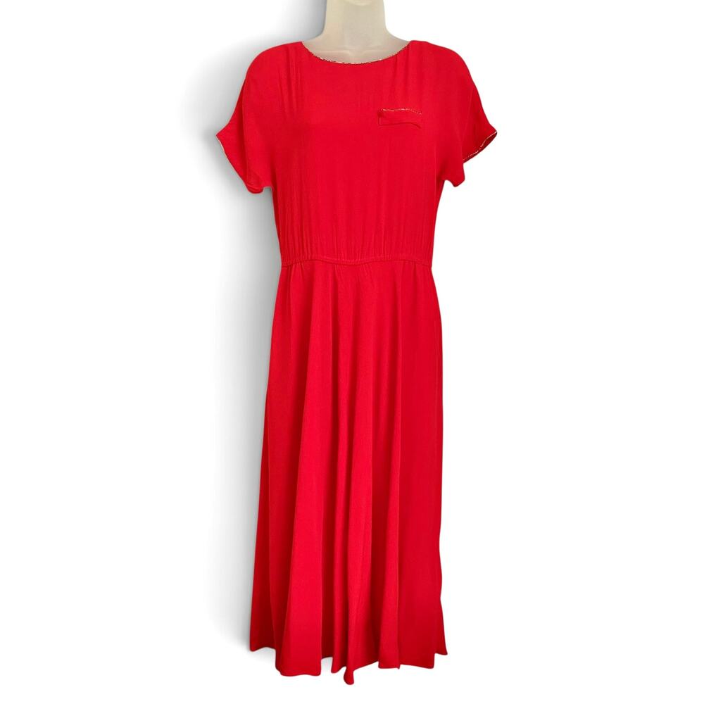 Vintage California Girl Beaded Red Crepe Fit-&-Flair Bow Back Skater Dress XS/S